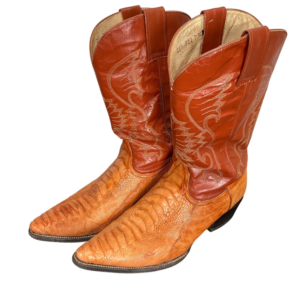 Handmade Leon Mexican Boots Mens 9.5 Orange Ostrich Leg Stitch Leather Western